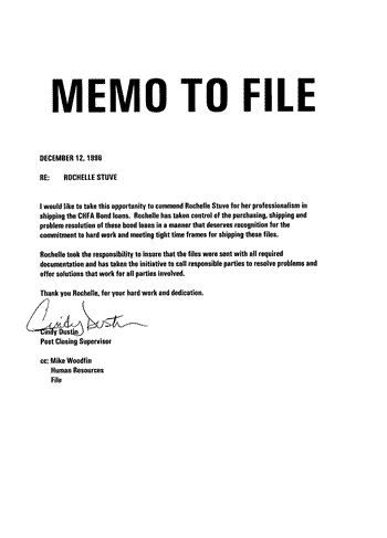 Memo to File of commendation from supervisor